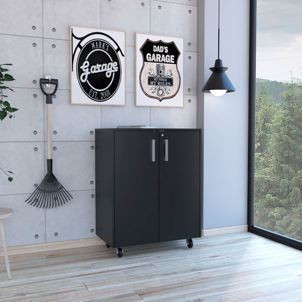 Black Wengue Rectangle Storage Cabinet Base on caster wheels with two doors