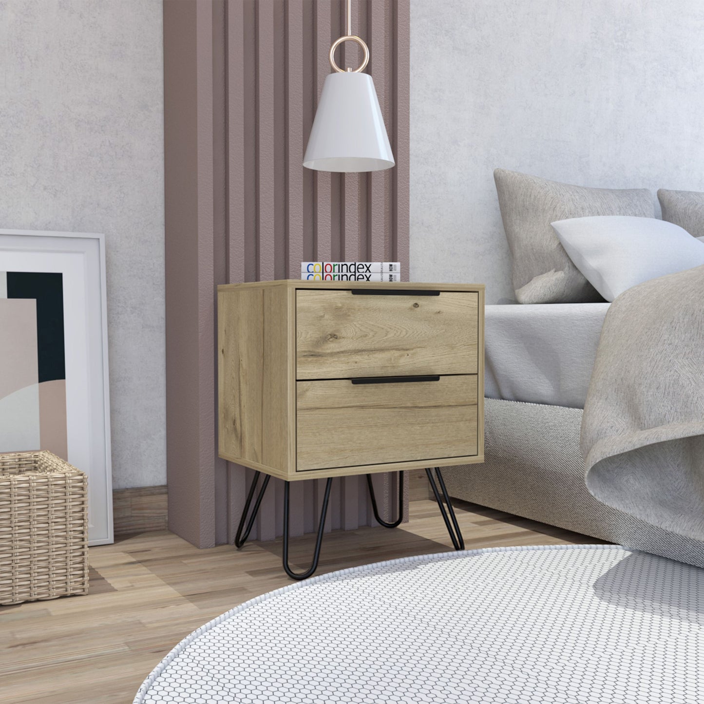 Light oak two-drawer rectangle nightstand with metal hairpin legs.