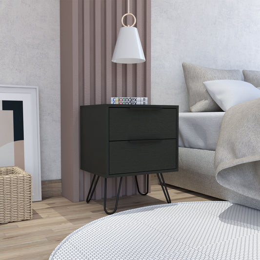 Black Wengue 2-drawer rectangle nightstand by Doba, shown with a white lamp and sofa in a modern living room.