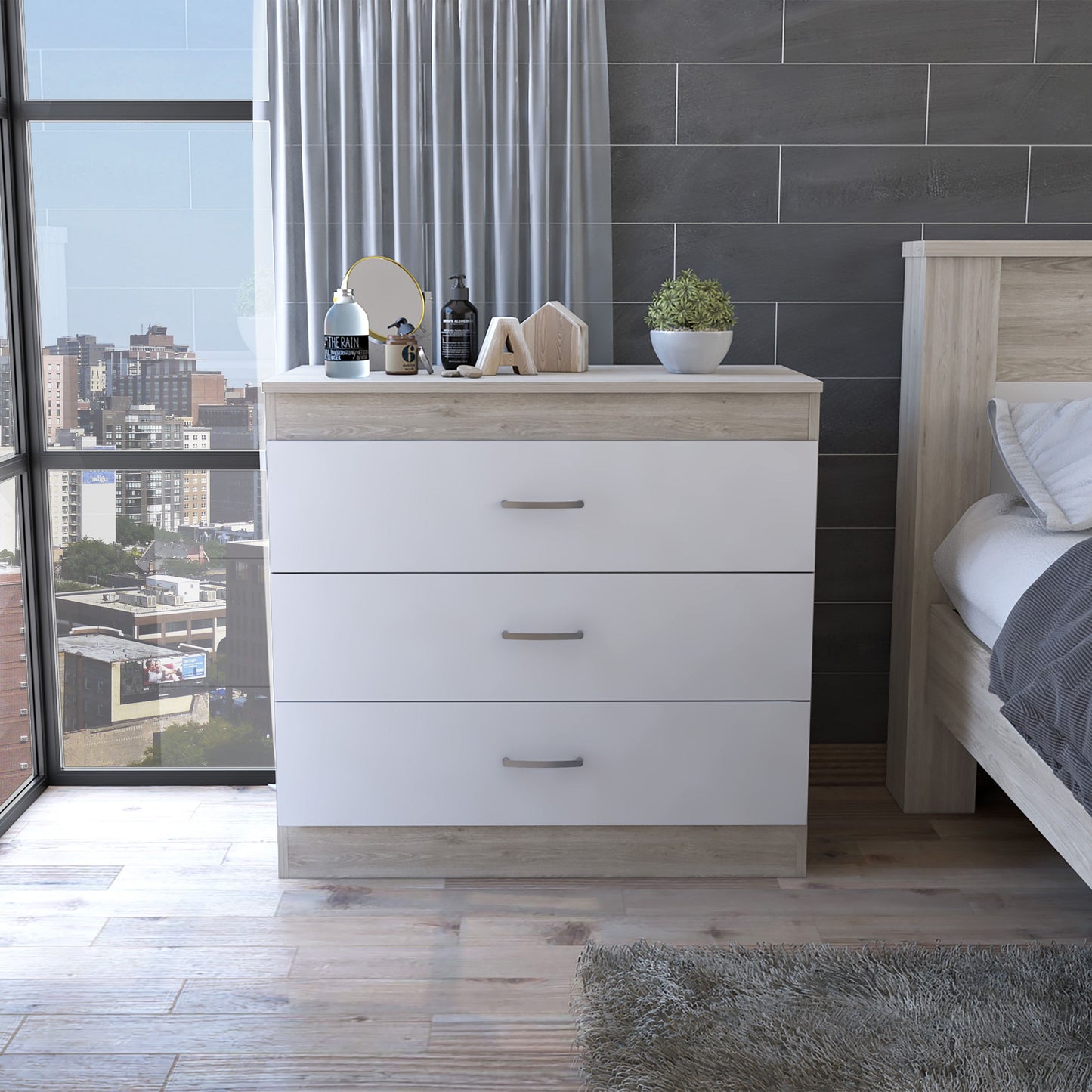 Bethage 3-Drawer Dresser White with light wood top, silver handles in bedroom