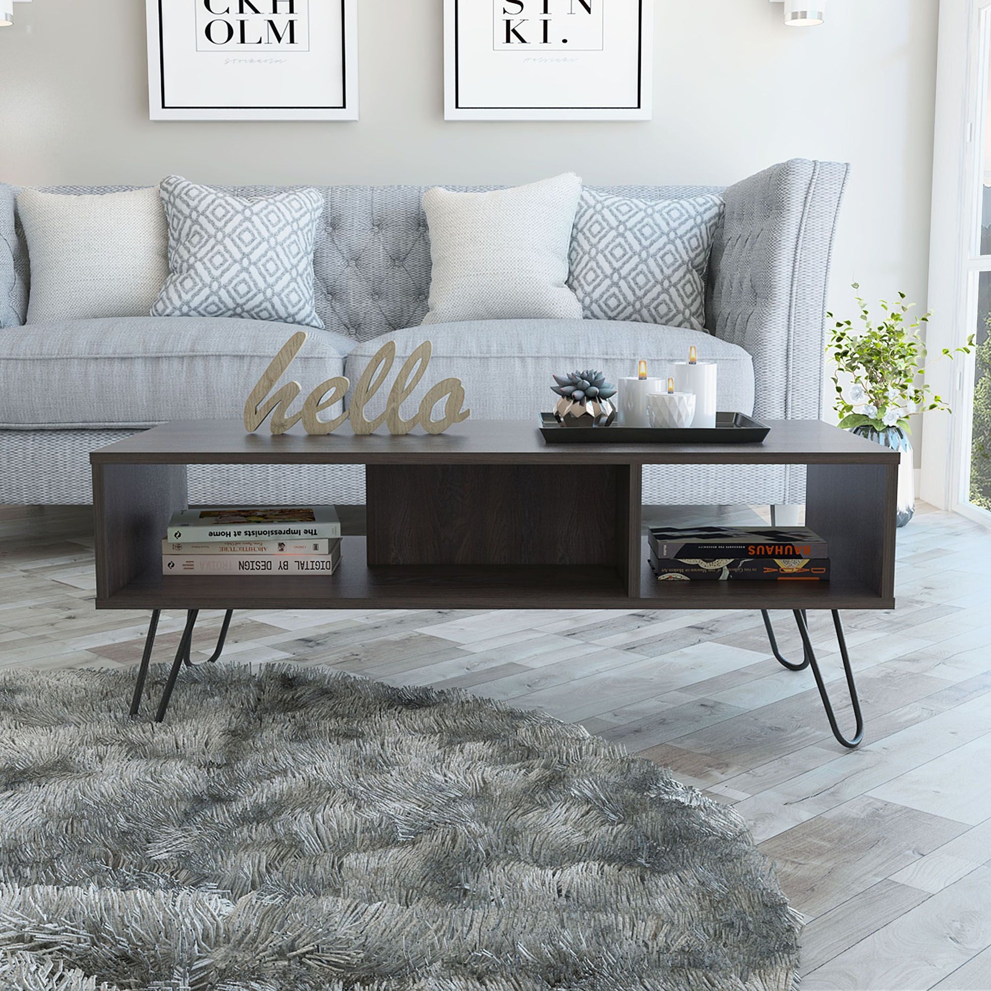 Newport Rectangle 2-Shelf Coffee Table Carbon Espresso by Doba, dark wood finish with hairpin legs