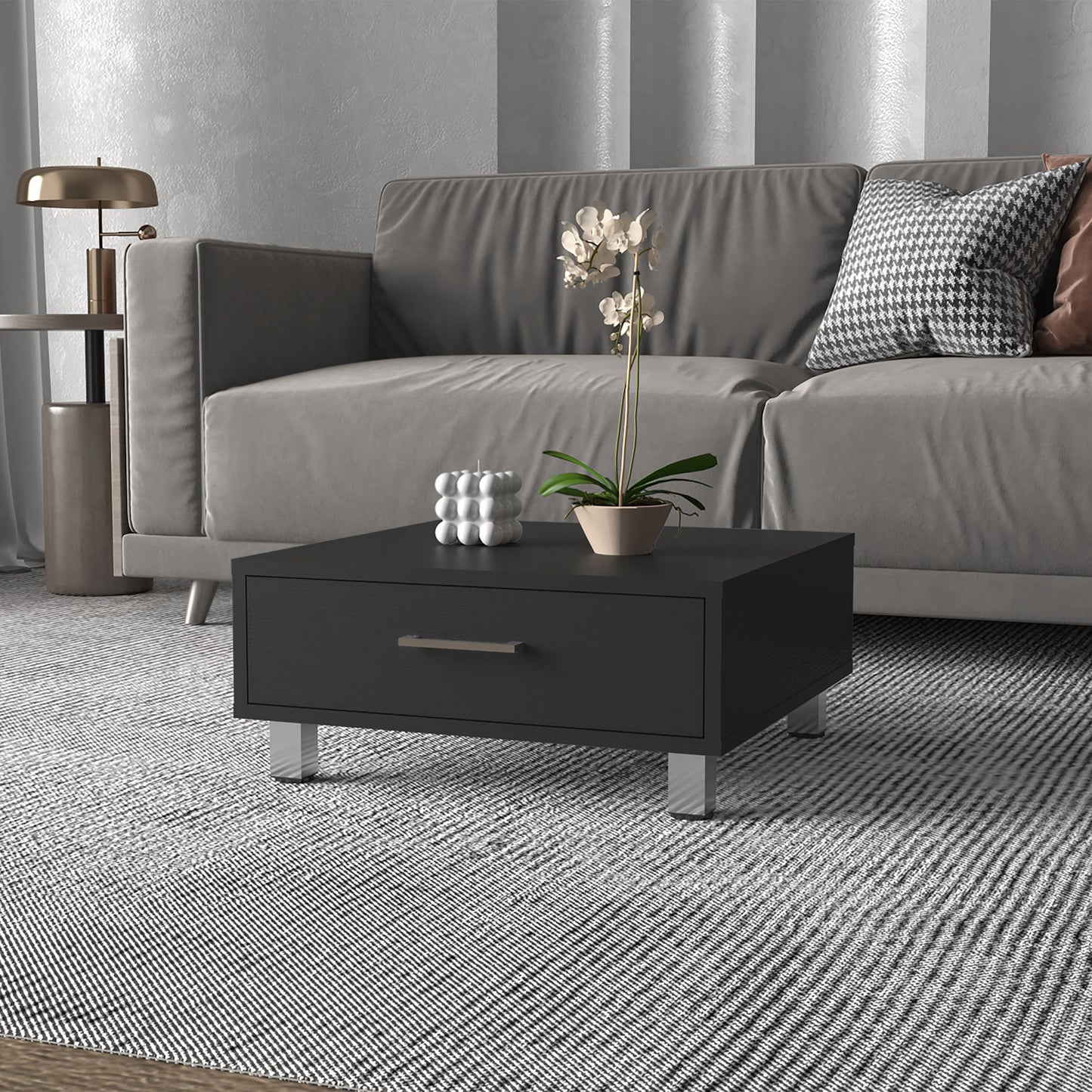 Black Wengue 1-Drawer Rectangle Coffee Table with metal legs