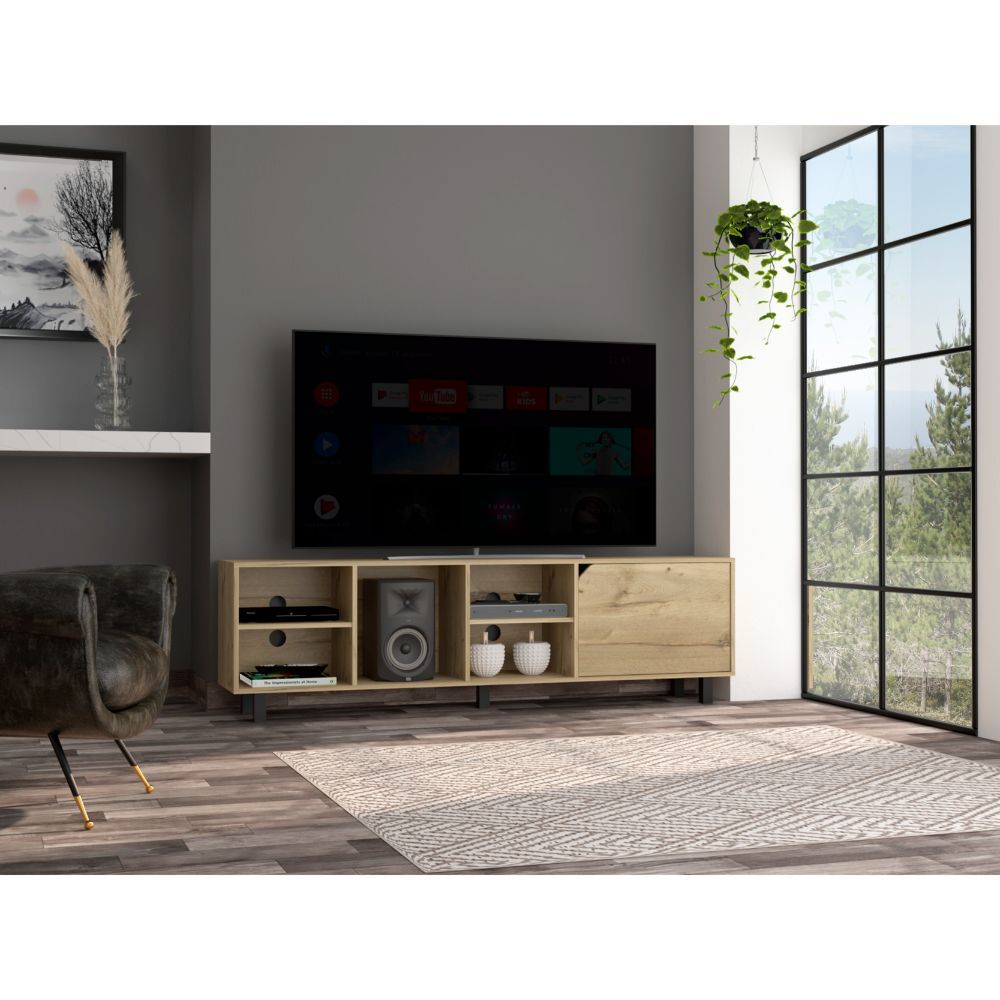 Harwich 5-Shelf TV Stand in light oak with open cubbies and a cabinet, Doba