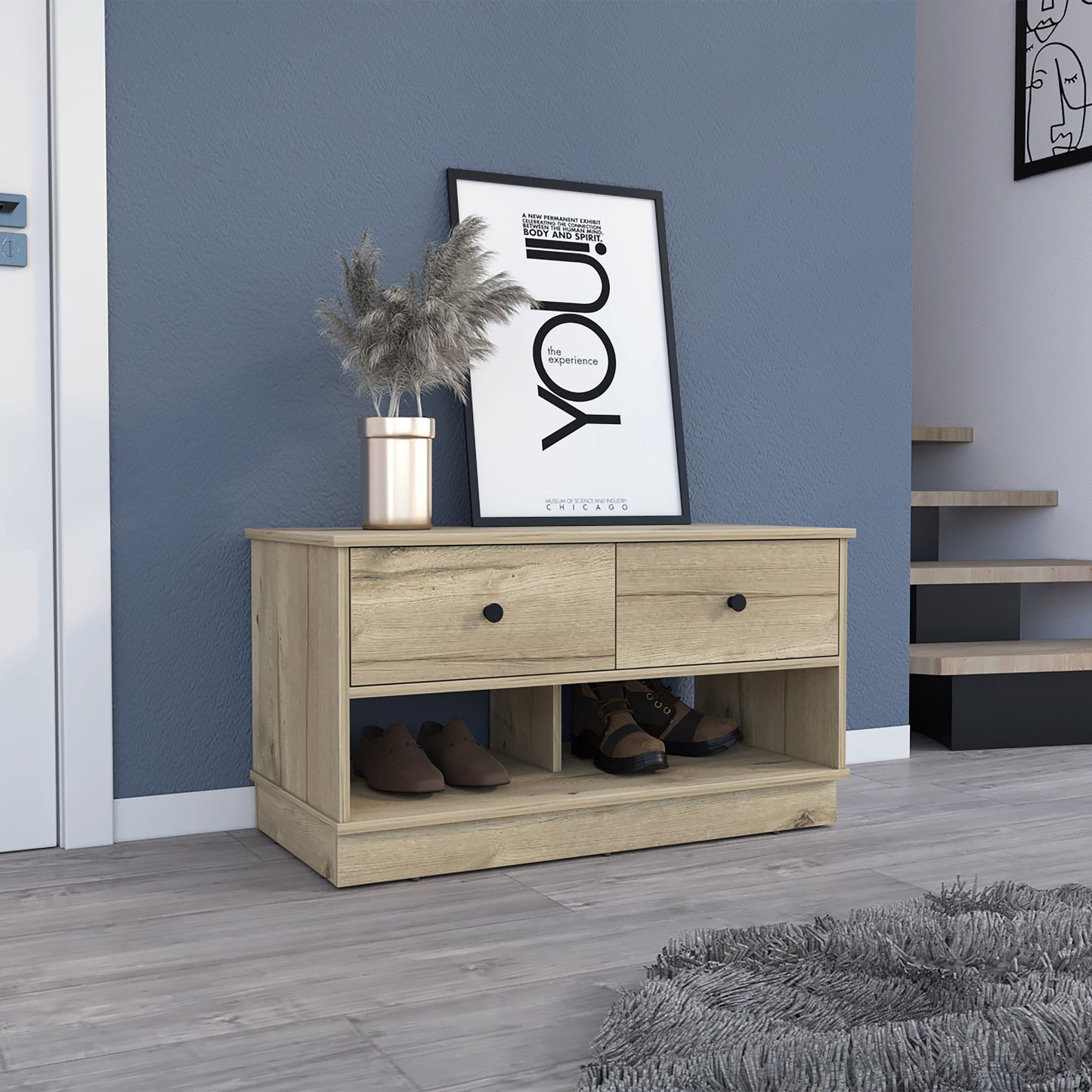 Light Oak Rectangle 2-Shelf 2-Drawer Storage Bench with black knobs and open lower shelf
