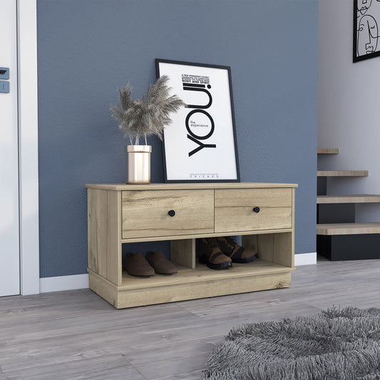 Light Oak Rectangle 2-Shelf 2-Drawer Storage Bench with black knobs and open lower shelf
