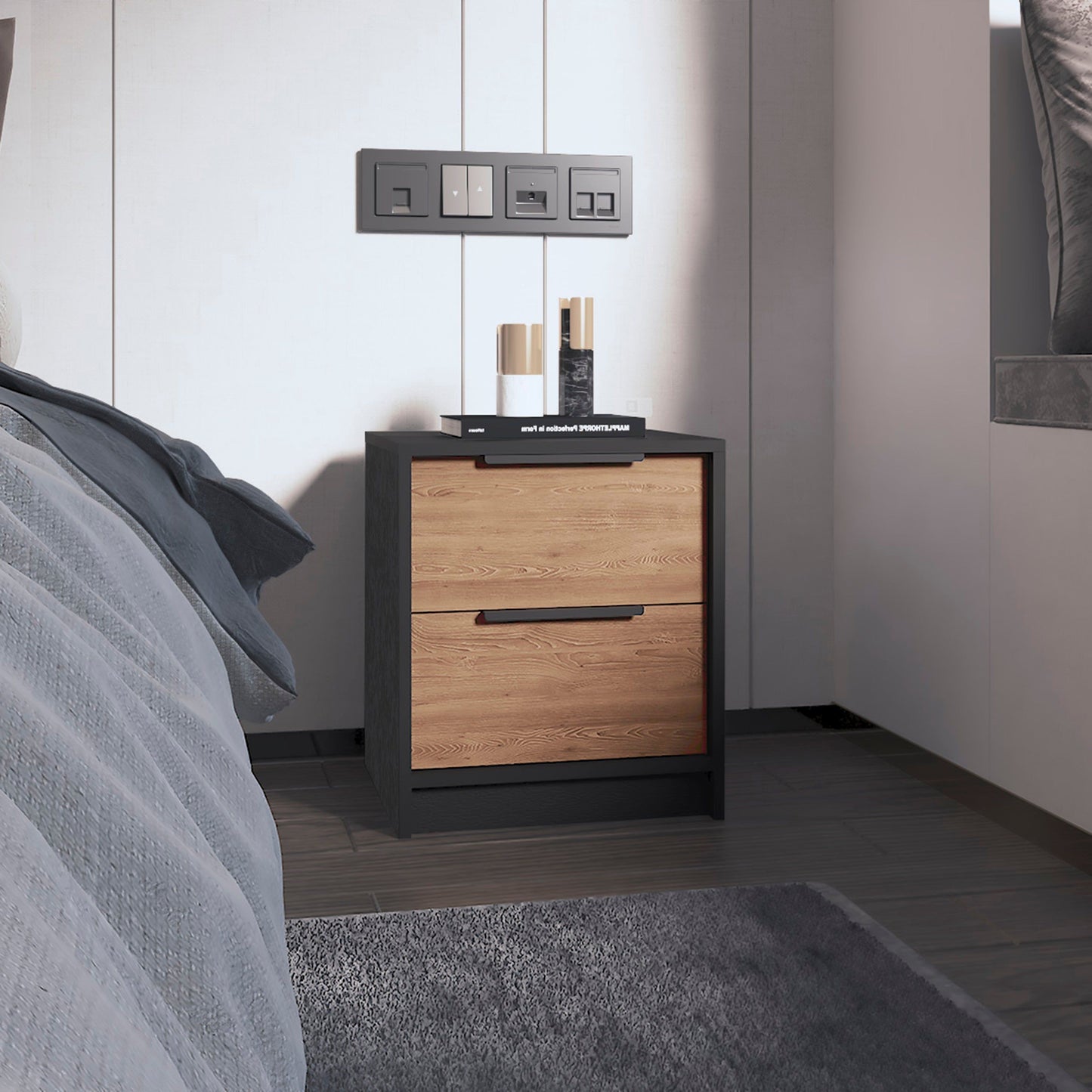 Black Wengue and Pine 2-Drawer Nightstand with natural pine drawer fronts and black frame