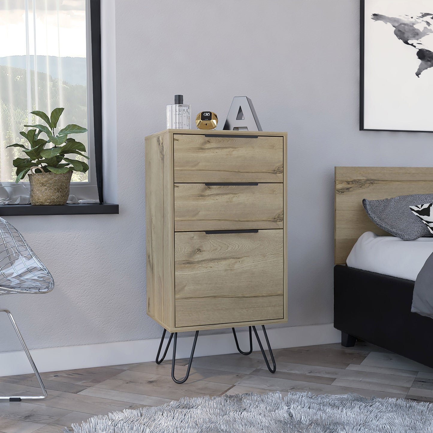 Meriden 3-Drawer Rectangle Dresser in light oak with black handles and hairpin legs