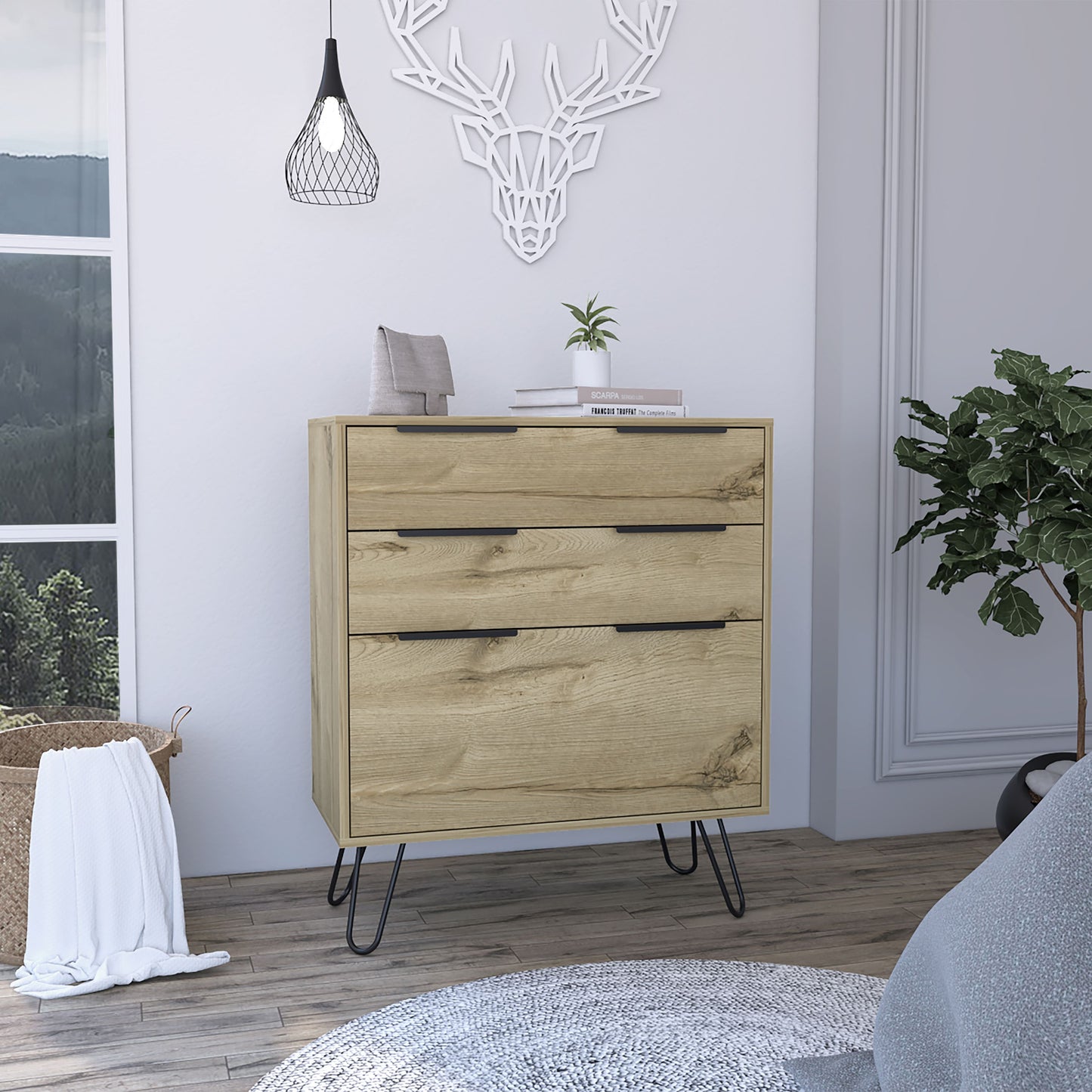 Kirsage 3-Drawer Dresser in light oak with hairpin legs