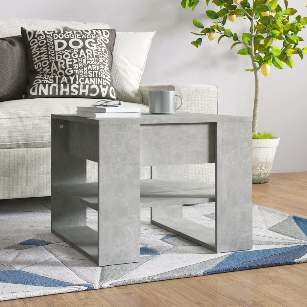 Coffee table, concrete gray engineered wood, medium size with open lower shelf