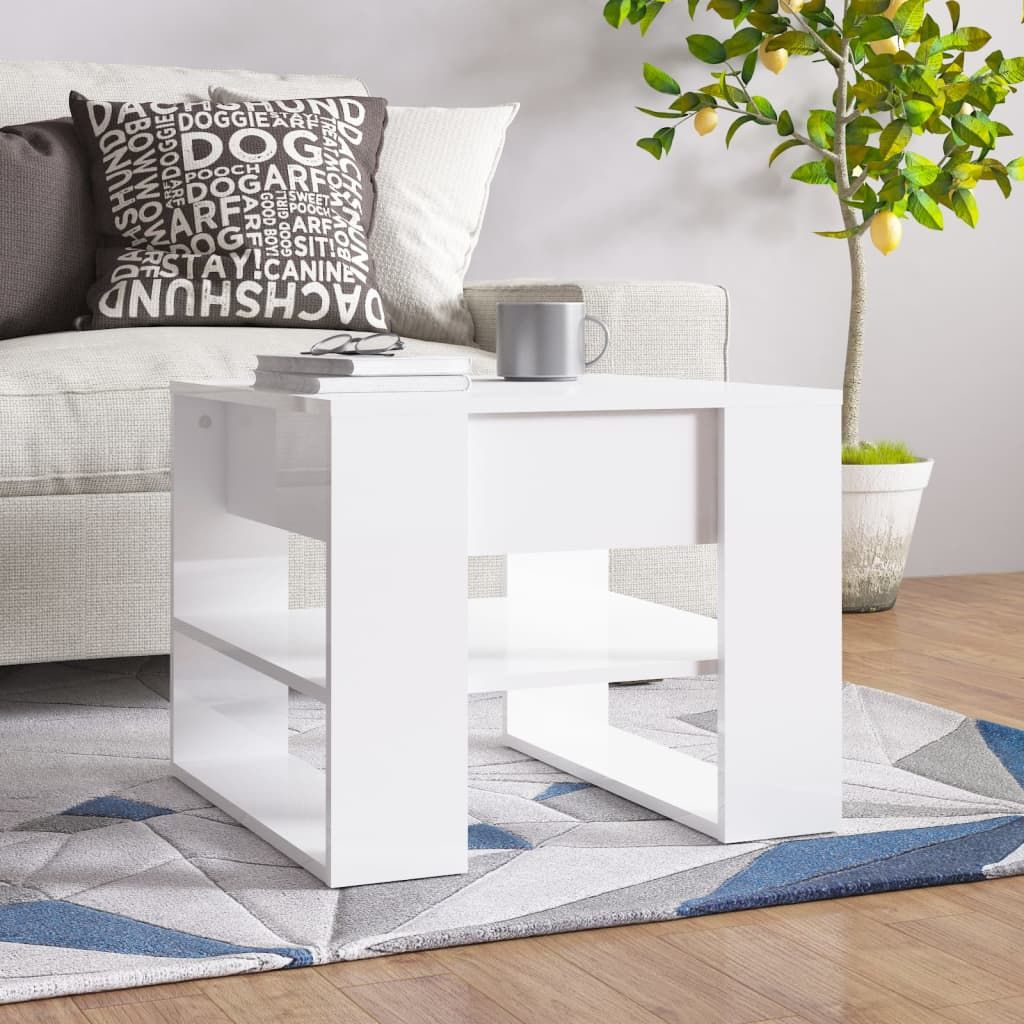 Coffee table Doba, high-gloss white engineered wood, compact with open lower shelf