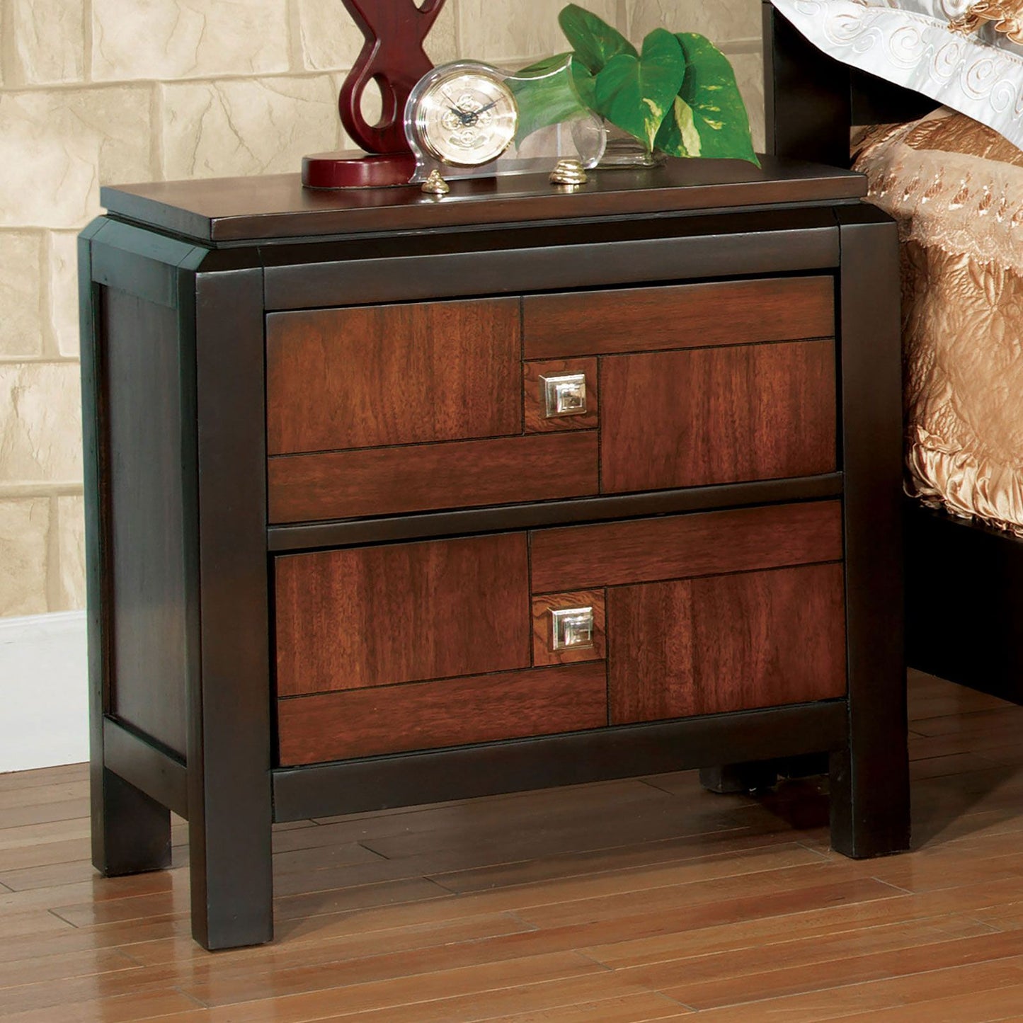 Nightstand acacia walnut finish, solid wood with two drawers and square chrome knobs