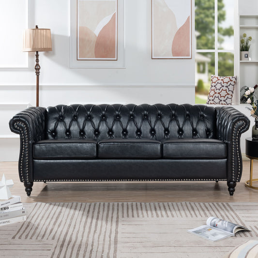 Chesterfield-style black PU leather three-seater sofa with rolled arms and tufted back