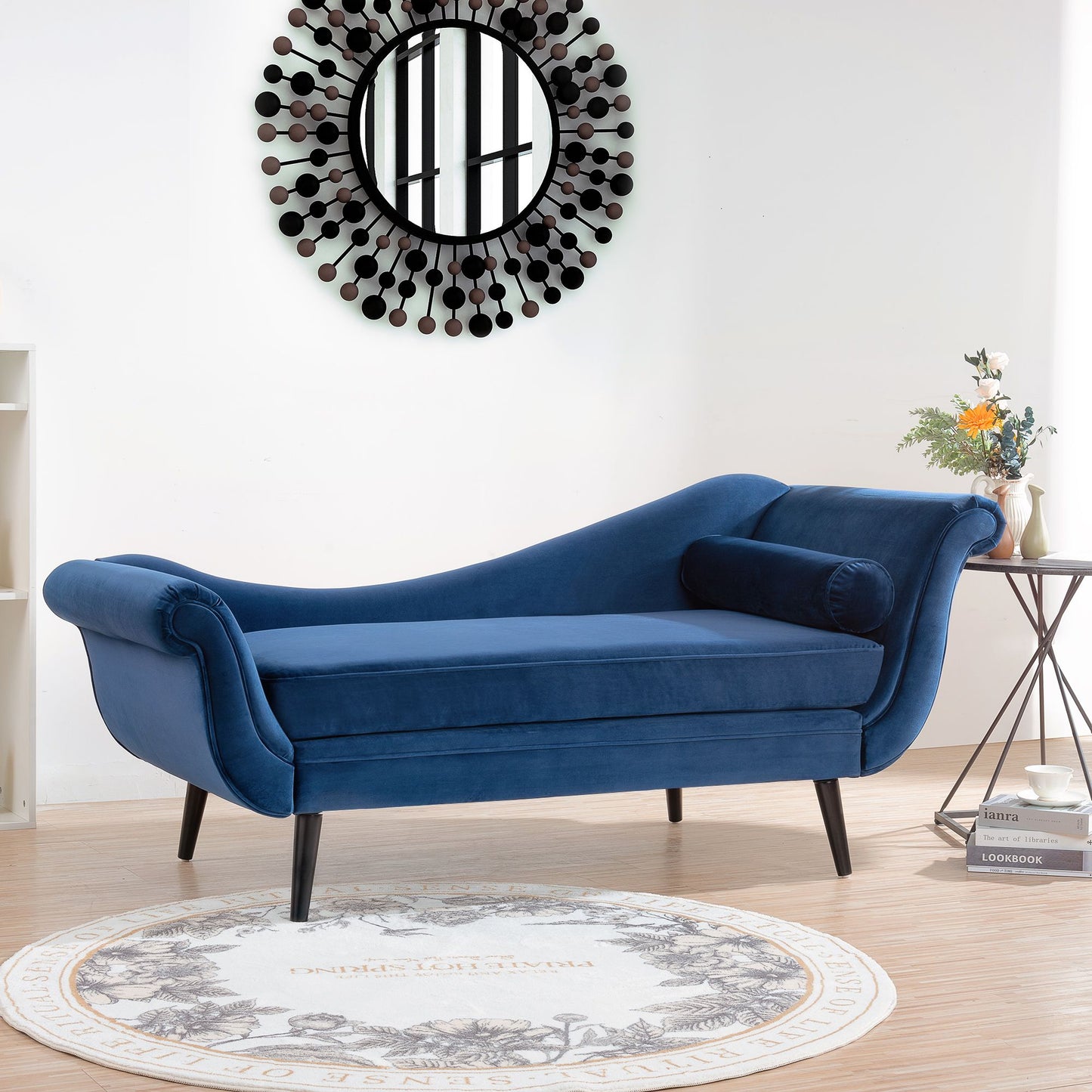 Chaise Lounge with Scroll Arm in blue upholstery by Doba
