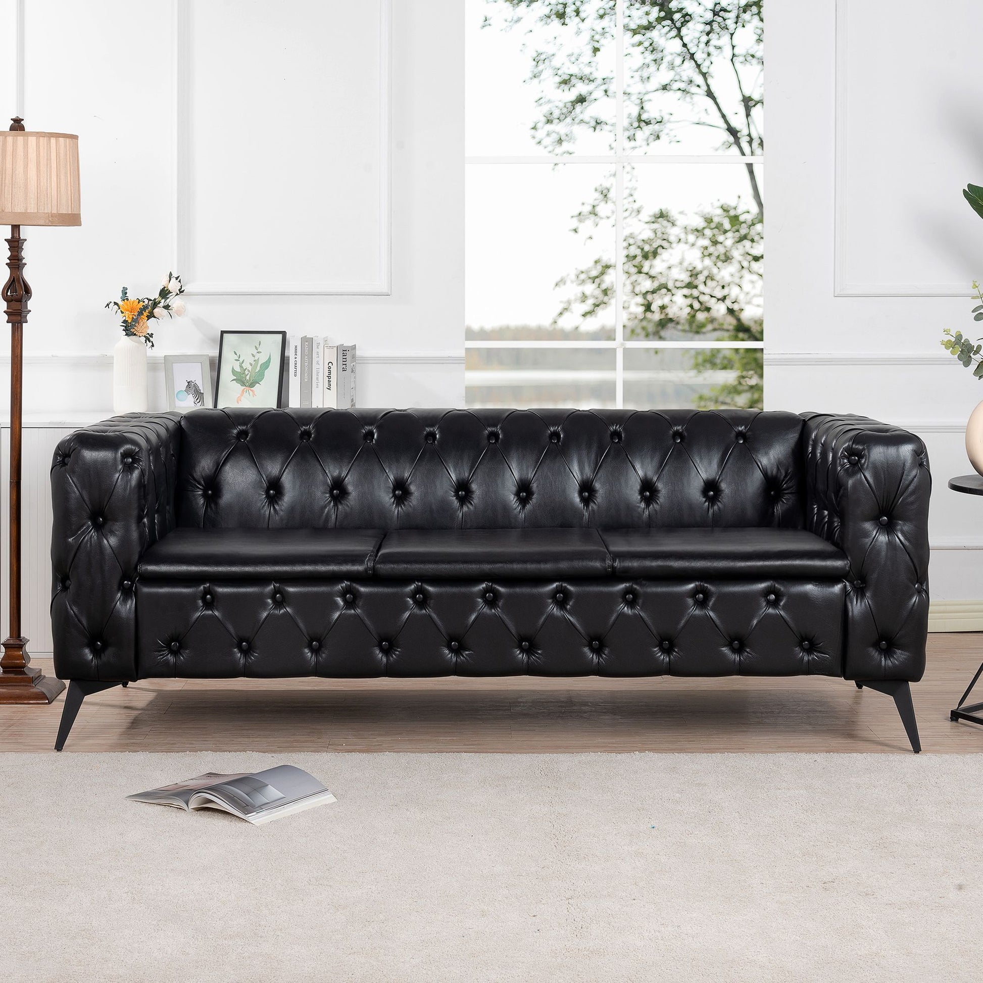 Doba 84.06-inch wide traditional square-arm 3-seat tufted black leather sofa with removable cushions
