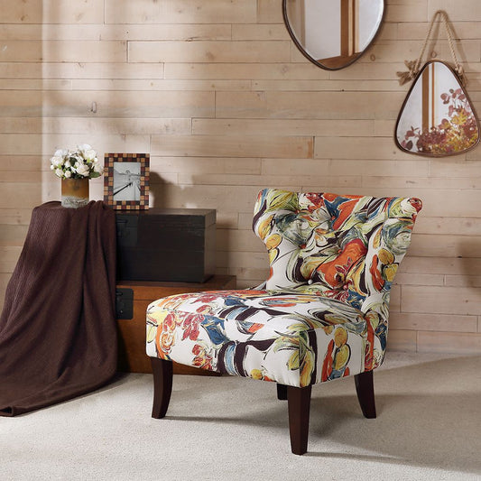 Accent chair with vibrant multicolor floral upholstery and dark wood legs.