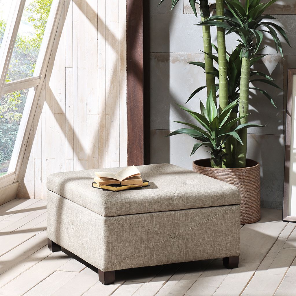 Soft Close Storage Ottoman in beige fabric with dark wood legs