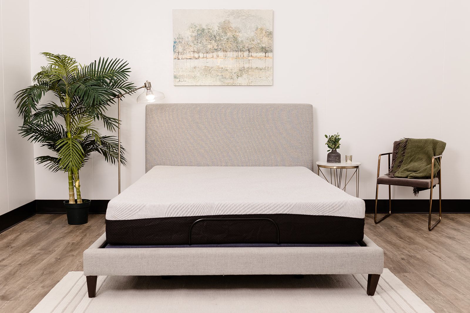 Omne Sleep Comfort Series Queen Soft Gel Memory Foam Tight Top 12 Inch Mattress on a gray upholstered platform bed