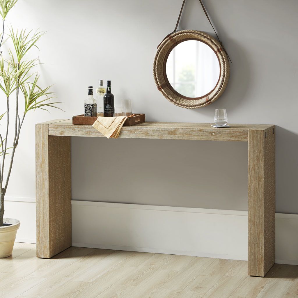 64-inch wooden console table with a light weathered oak finish, ideal for contemporary entryways or living rooms.