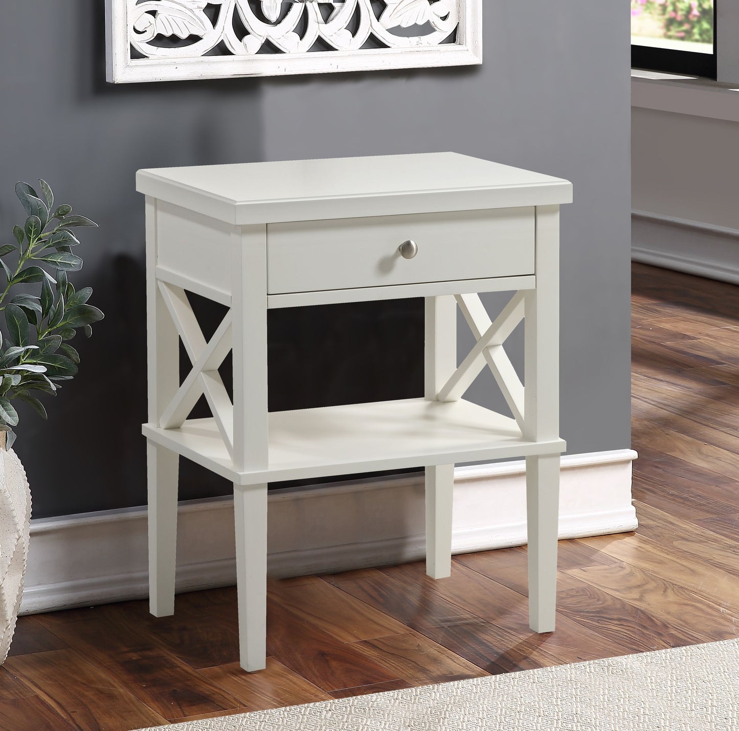 Madison white painted wooden nightstand with two drawers and crisscross side panels.