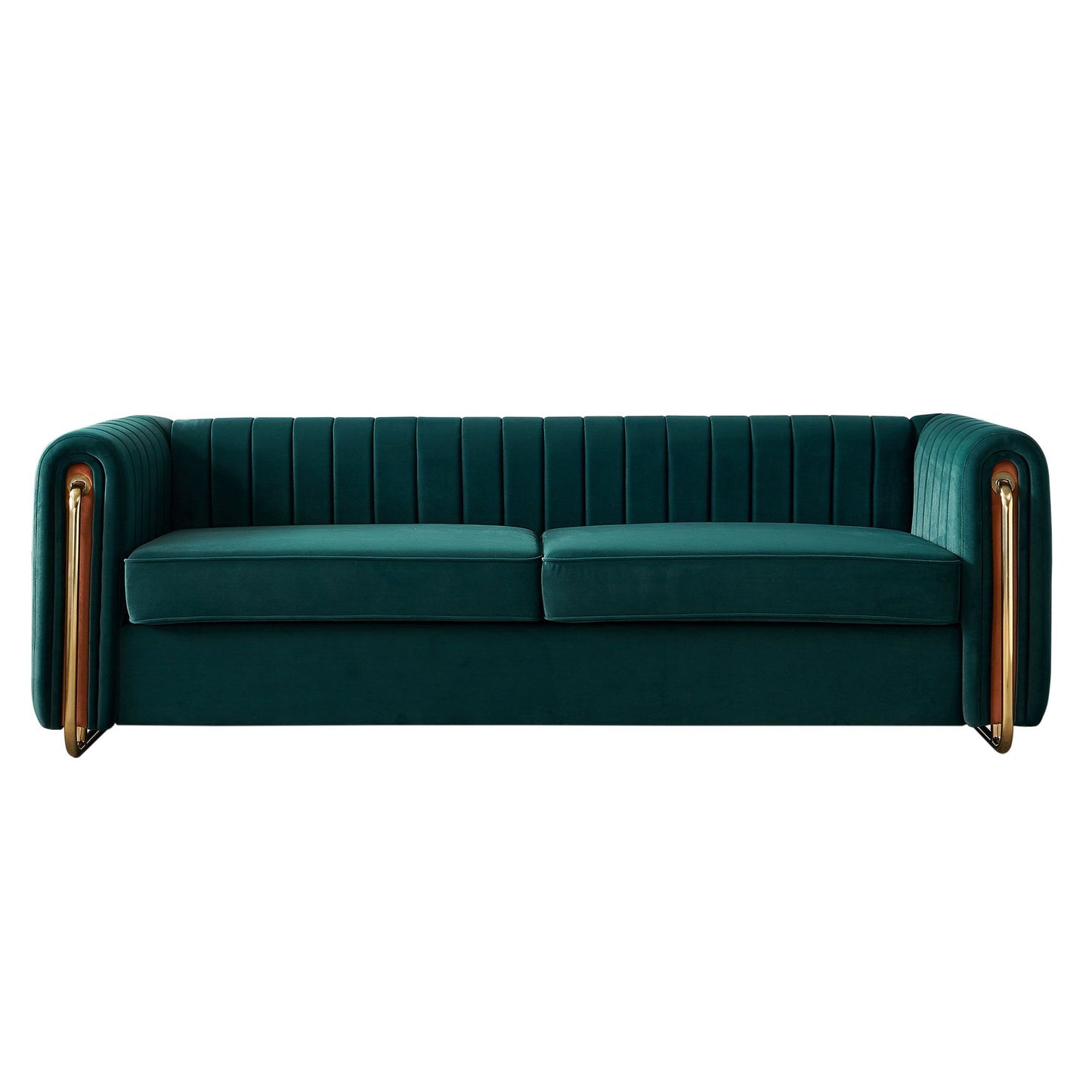 Contemporary green velvet sofa with channel-tufted back and gold metal legs