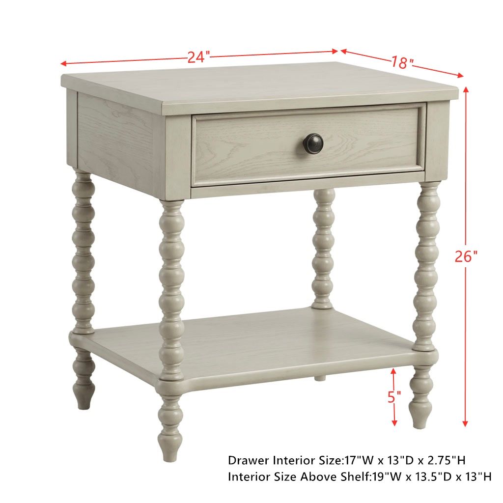Nightstand by Doba, beige wood with a single drawer, lower shelf, and turned legs, 24W x 18D x 26H