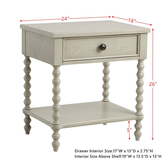 Nightstand by Doba, beige wood with a single drawer, lower shelf, and turned legs, 24W x 18D x 26H