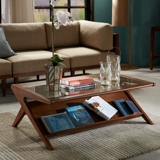 Rocket Coffee Table with Tempered Glass top in dark wood finish with a lower shelf