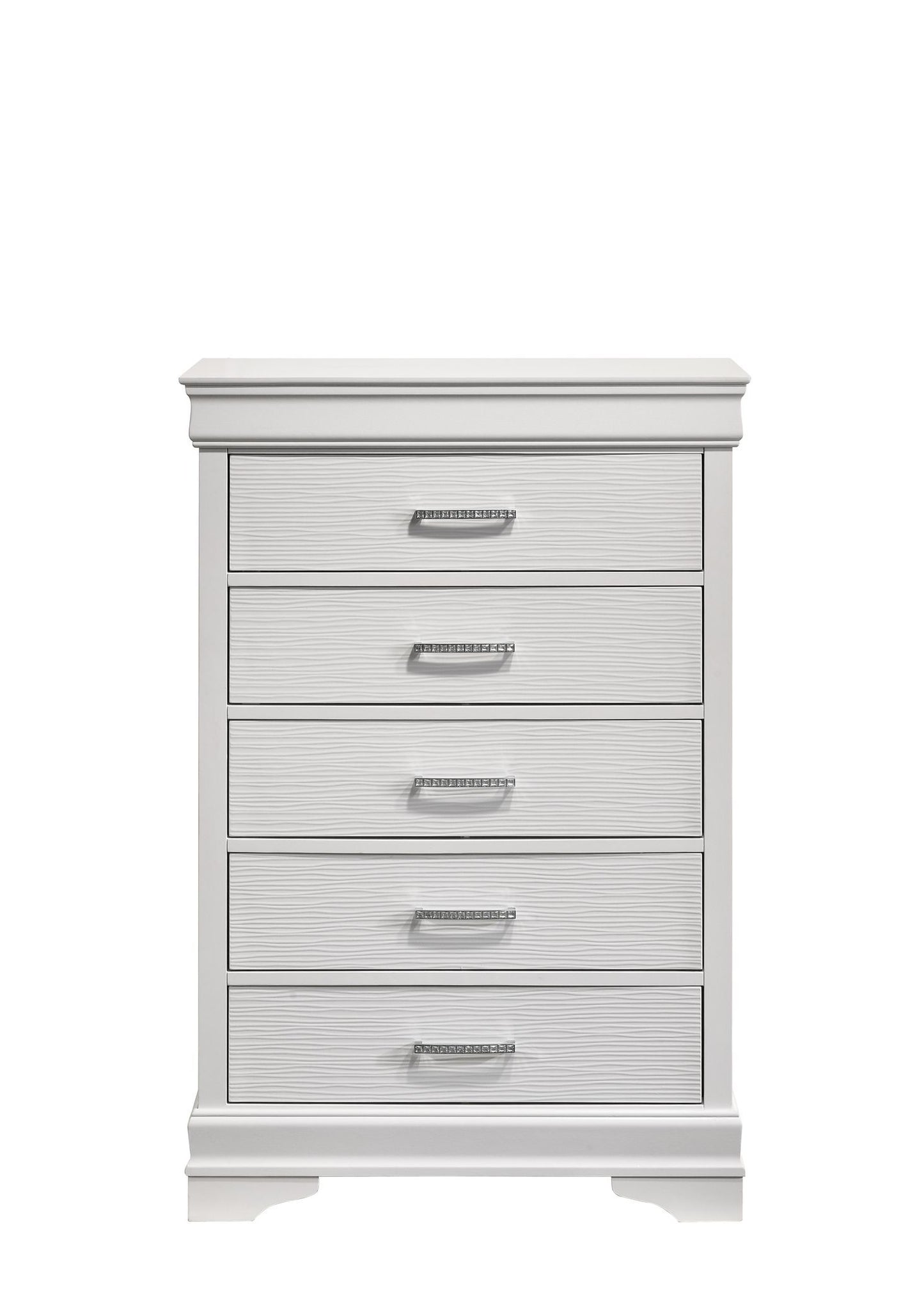 Modern white wooden 5-drawer chest with crystal-detailed pulls