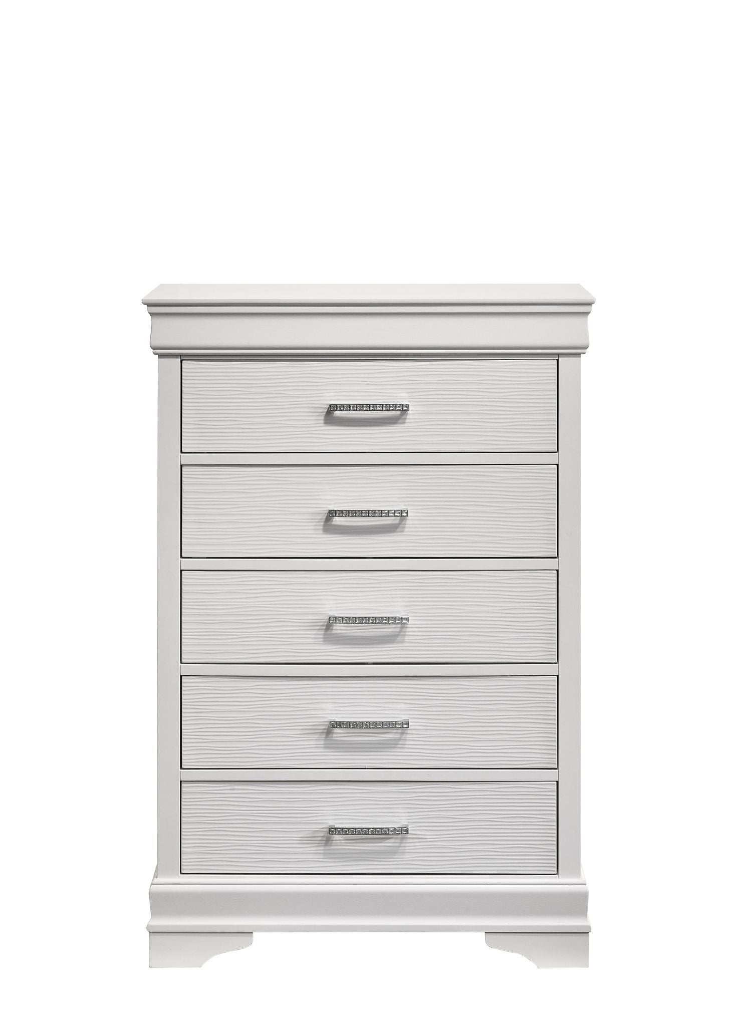 Modern white wooden 5-drawer chest with crystal-detailed pulls