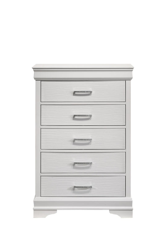 Modern white wooden 5-drawer chest with crystal-detailed pulls