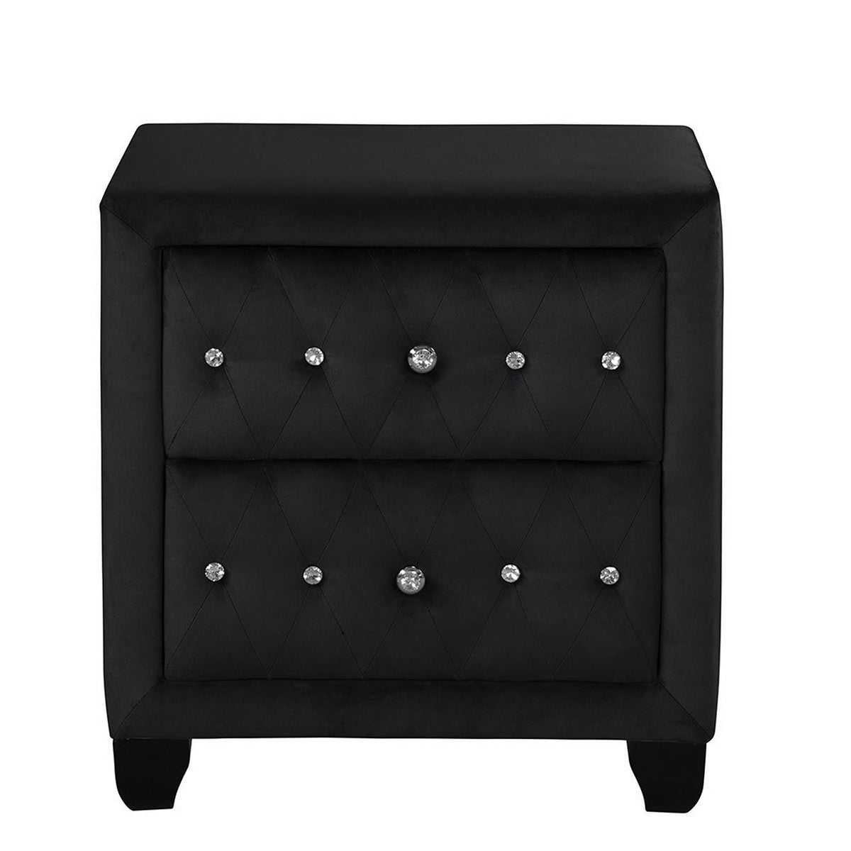 Sophia black night stand with diamond-stitched tufted upholstery and crystal button accents