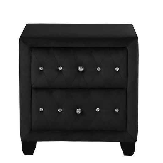 Sophia black night stand with diamond-stitched tufted upholstery and crystal button accents
