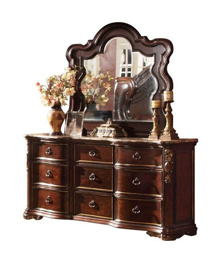Traditional wood dresser with arched mirror in dark walnut finish and ornate hardware