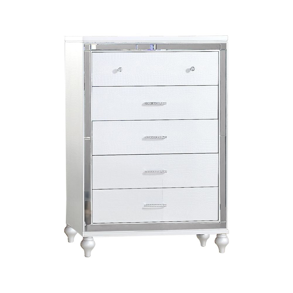 Mirror-framed white wood chest with five drawers and chrome trim
