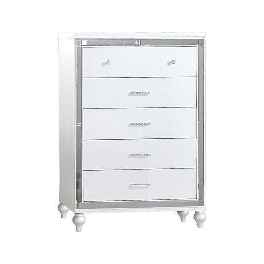 Mirror-framed white wood chest with five drawers and chrome trim