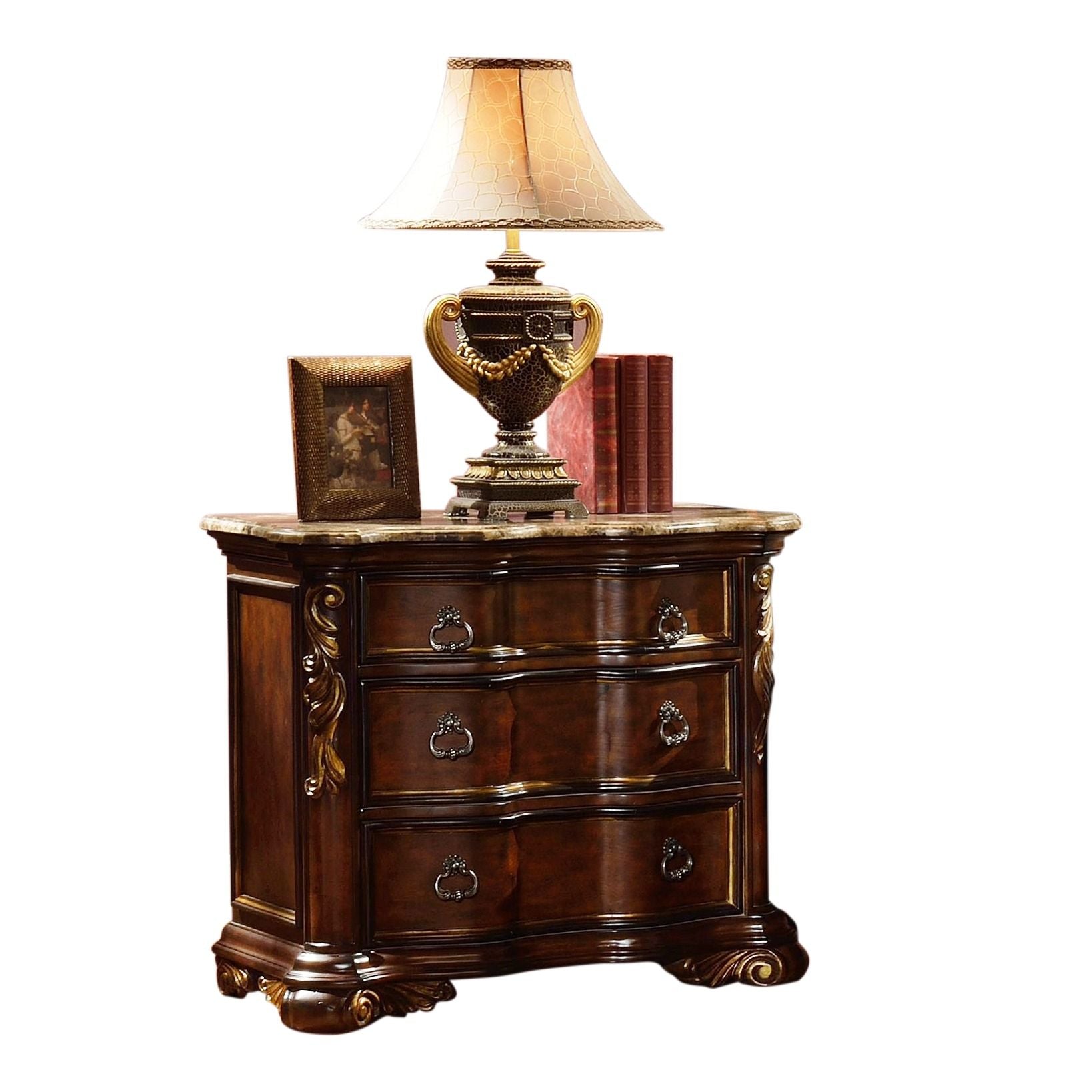 Bella traditional nightstand in dark walnut wood with ornate carving and brass hardware