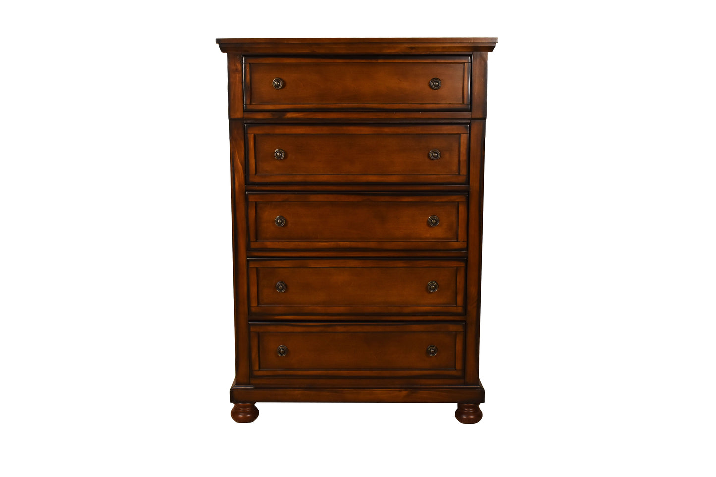 Chest of drawers in dark walnut wood by Doba with brass knob pulls