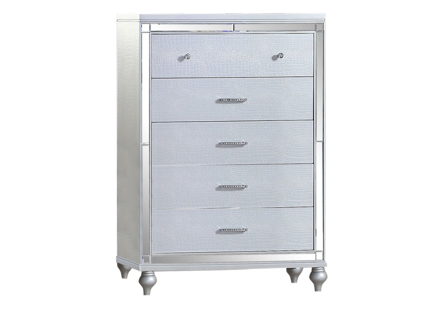 Mirror-framed wood chest in silver with multiple drawers by Doba