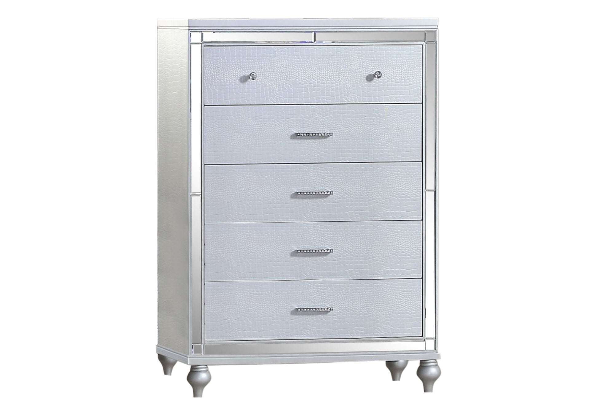 Mirror-framed wood chest in silver with multiple drawers by Doba
