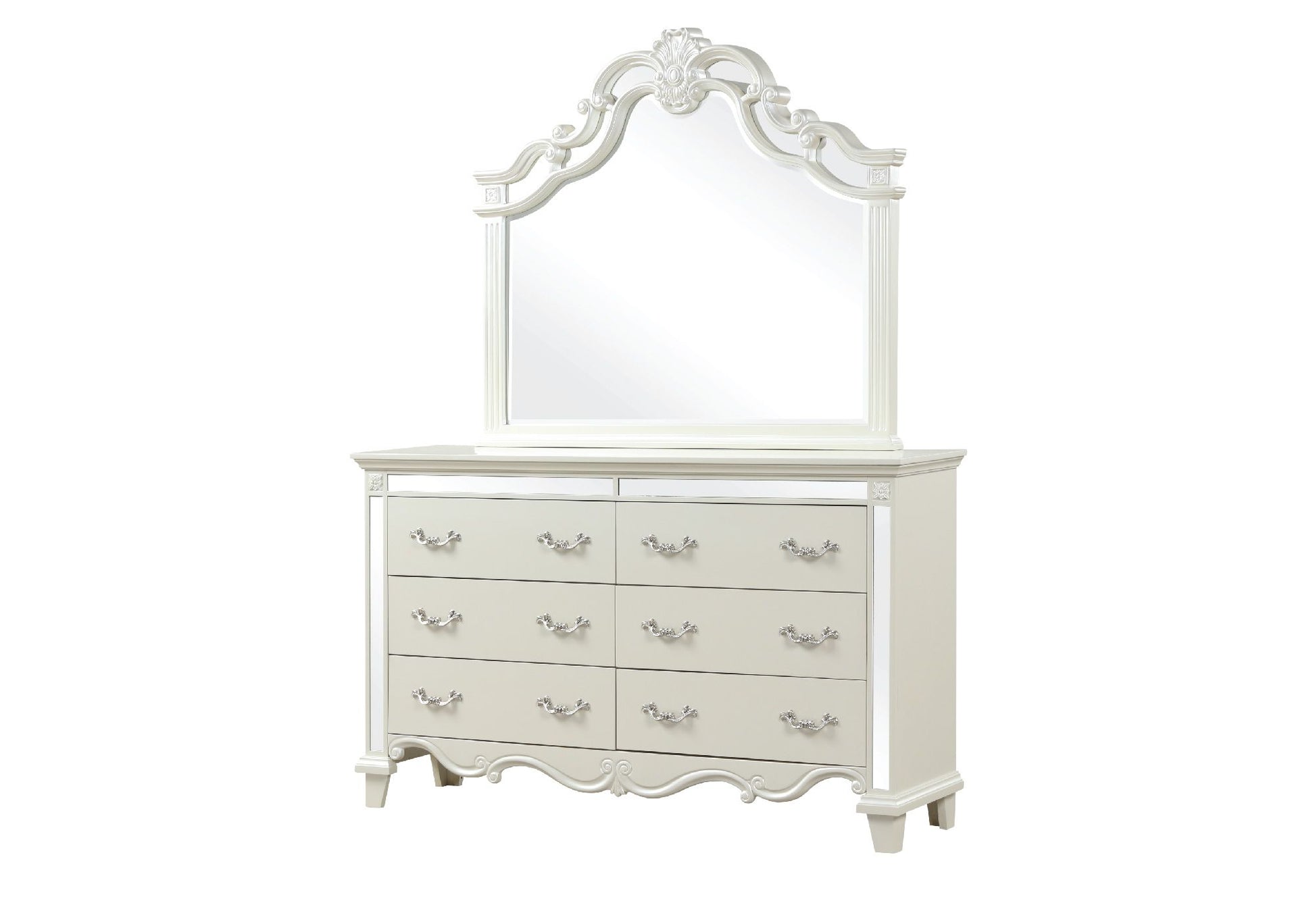 Milan Mirror Framed Dresser in white wood with ornate carved frame and multiple drawers