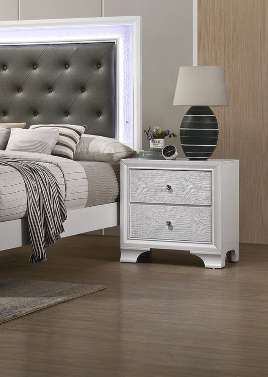 Two-drawer white nightstand with embossed crocodile pattern in modern glam style