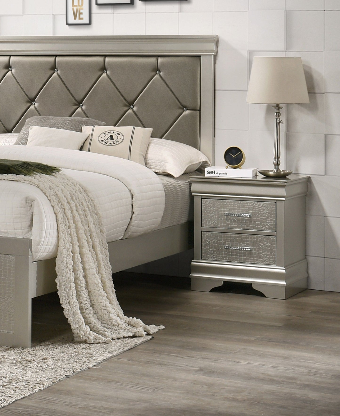 Three-drawer champagne-finish nightstand with crocodile-texture fronts for modern glam bedroom