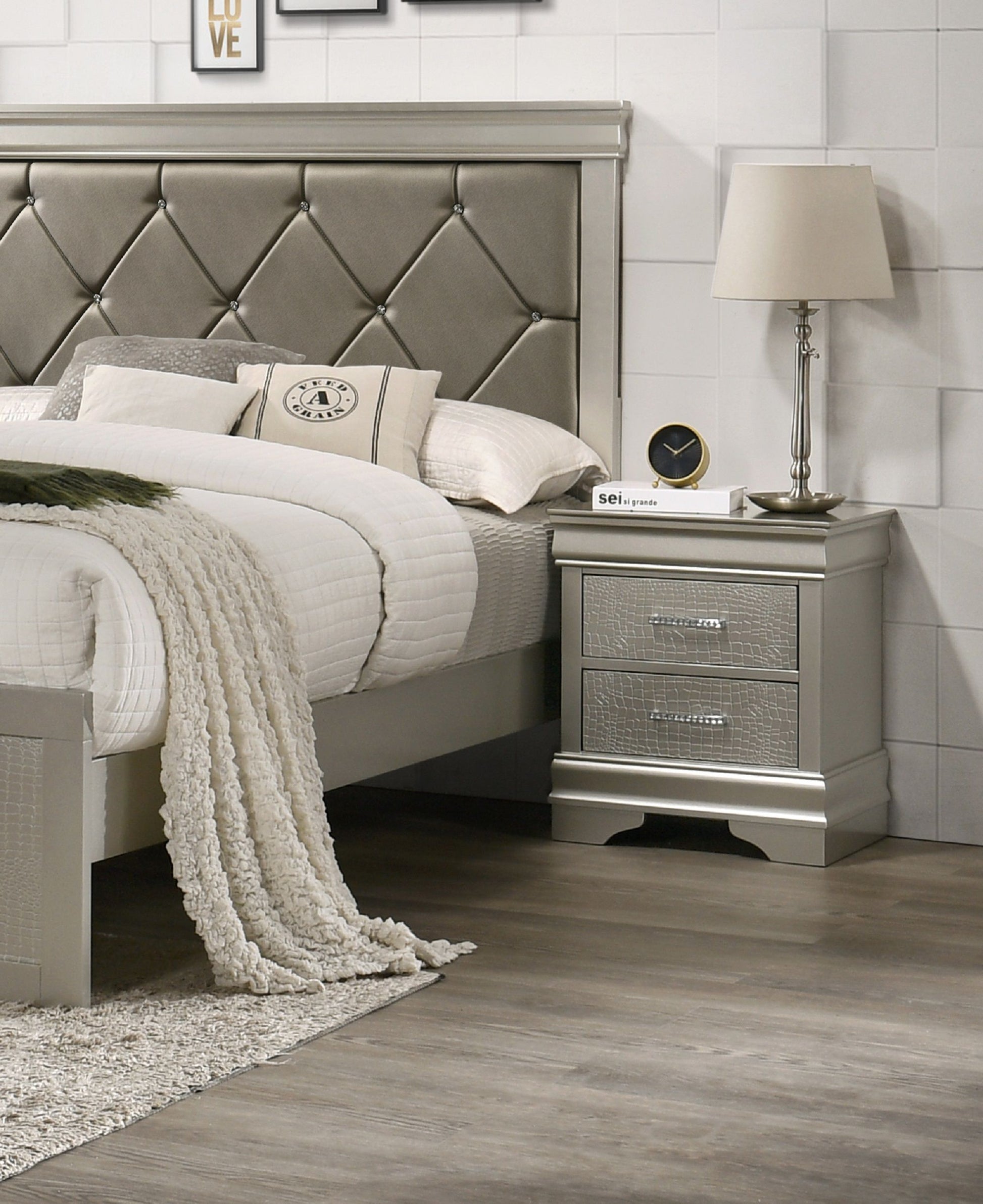 Three-drawer champagne-finish nightstand with crocodile-texture fronts for modern glam bedroom