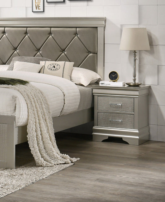 Three-drawer champagne-finish nightstand with crocodile-texture fronts for modern glam bedroom