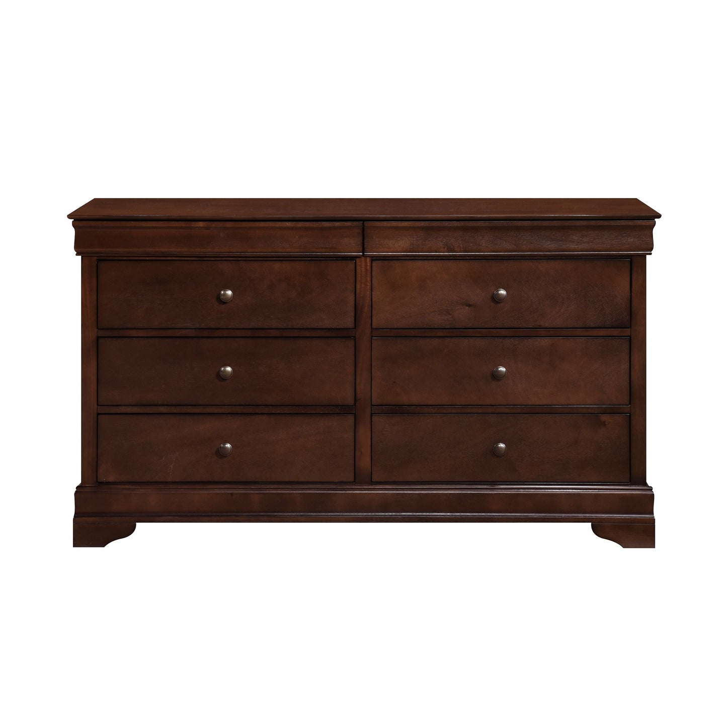 Dresser in brown cherry finish, Louis Philippe style, six-drawer solid wood bedroom furniture