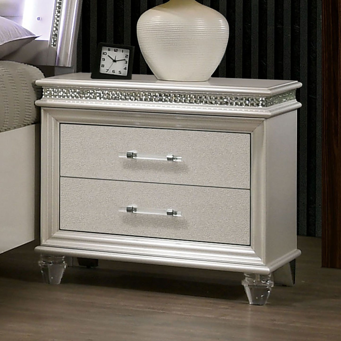 Nightstand pearl white finish with two drawers, crystal rhinestone trim on top, and clear acrylic legs