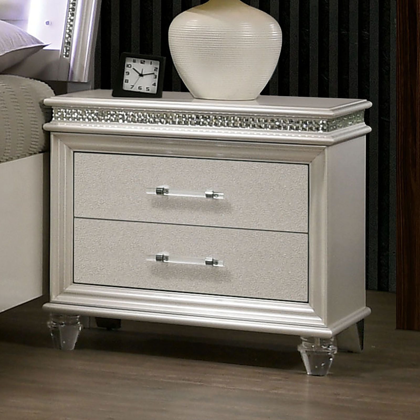 Nightstand pearl white finish with two drawers, crystal rhinestone trim on top, and clear acrylic legs