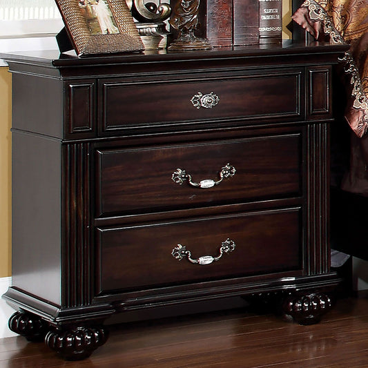 Nightstand in dark walnut solid wood with 3 drawers and antique-brass handles