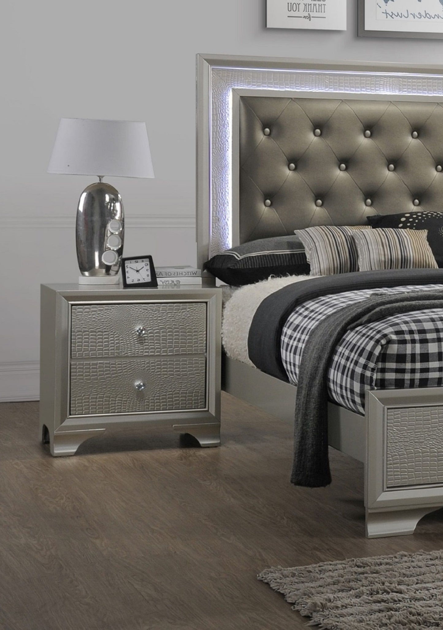 Two-drawer nightstand in champagne finish with embossed crocodile pattern and crystal knob pulls