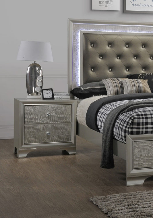 Two-drawer nightstand in champagne finish with embossed crocodile pattern and crystal knob pulls